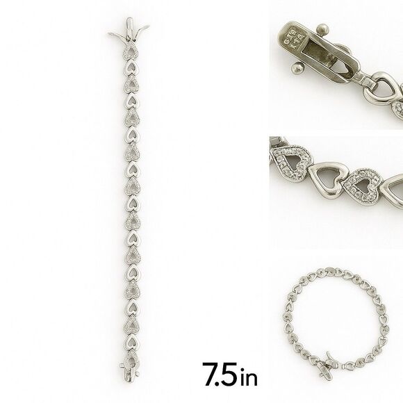 Sterling Silver 925 MIK Italian Heart Link Bracelet | Milor Italy CZ Accents 7.5 - Picture 1 of 4